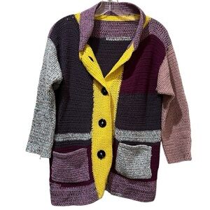 Handmade Unique Small Colorblock Button Cardigan 3/4 Sleeve Sweater G2